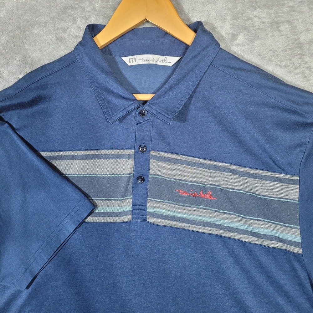 Travis Mathew Polo Shirt Mens 2XL Blue Gray Striped Performance Golf Casual